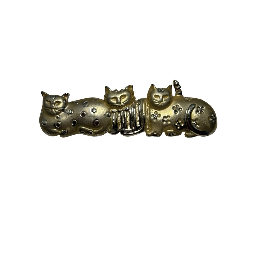Vintage AJC Gold Tone Patterned Resting Kitty Cat Kitten Trio Brooch Pin